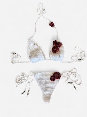 White Crochet Bikini Set with Pink Floral Accents